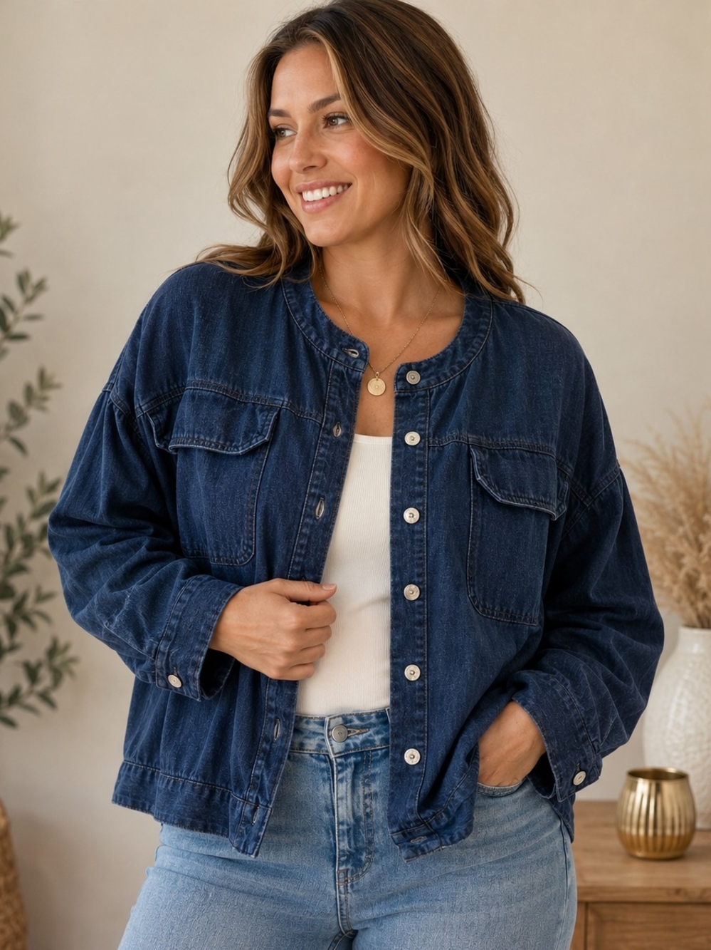 Scoop Oversized Dark Wash Denim Jacket Shacket Button Front Utility XL